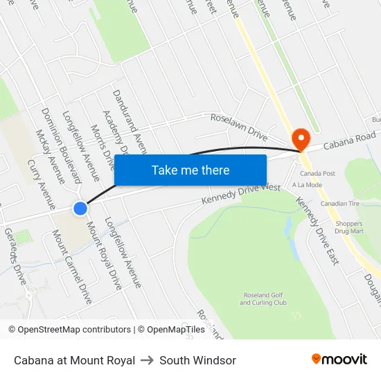 Cabana at Mount Royal to South Windsor map