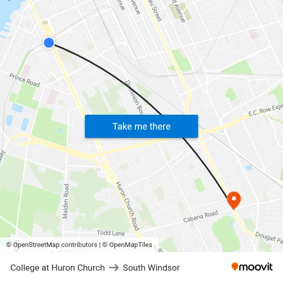 College at Huron Church to South Windsor map