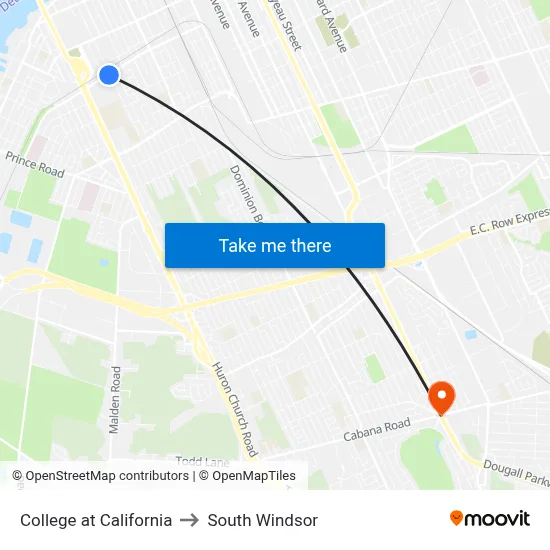 College at California to South Windsor map