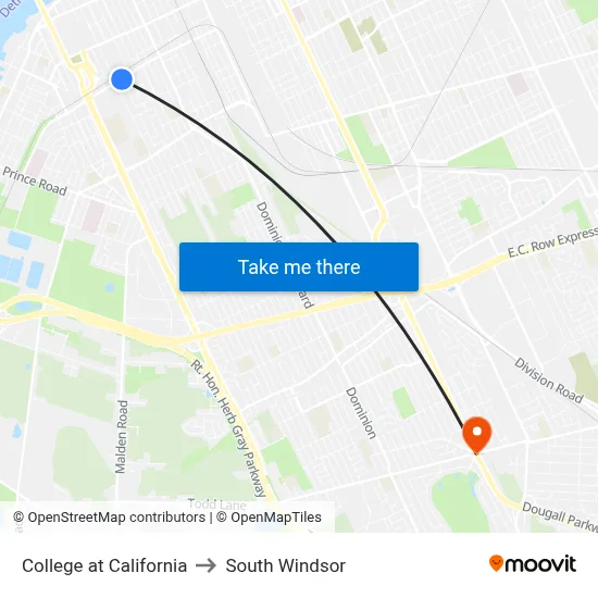 College at California to South Windsor map