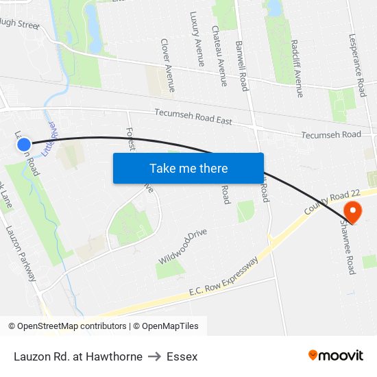 Lauzon Rd. at Hawthorne to Essex map