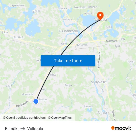 Elimäki to Valkeala map