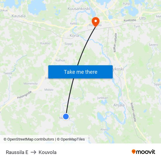 Raussila E to Kouvola map