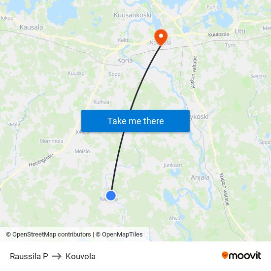 Raussila P to Kouvola map