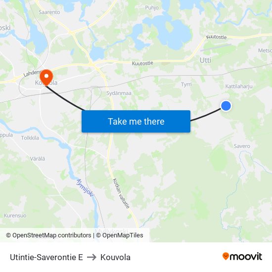 Utintie-Saverontie E to Kouvola map