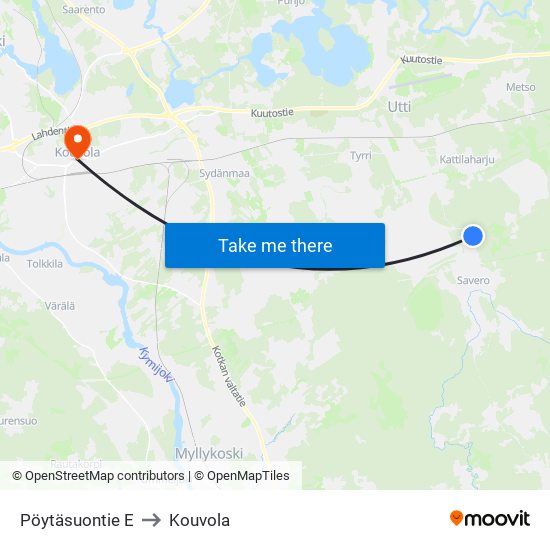 Pöytäsuontie E to Kouvola map