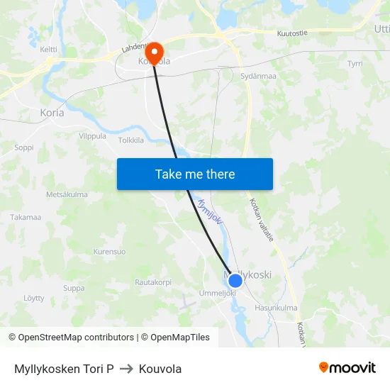 Myllykosken Tori P to Kouvola map