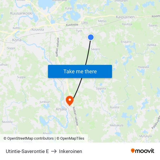 Utintie-Saverontie E to Inkeroinen map