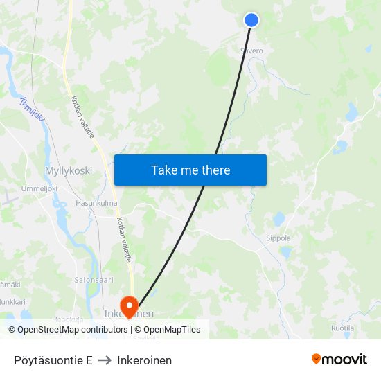 Pöytäsuontie E to Inkeroinen map