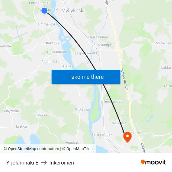 Yrjölänmäki E to Inkeroinen map