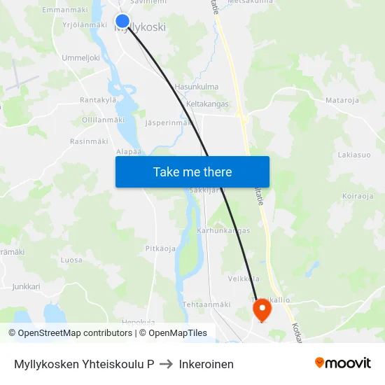 Myllykosken Yhteiskoulu P to Inkeroinen map
