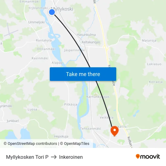 Myllykosken Tori P to Inkeroinen map