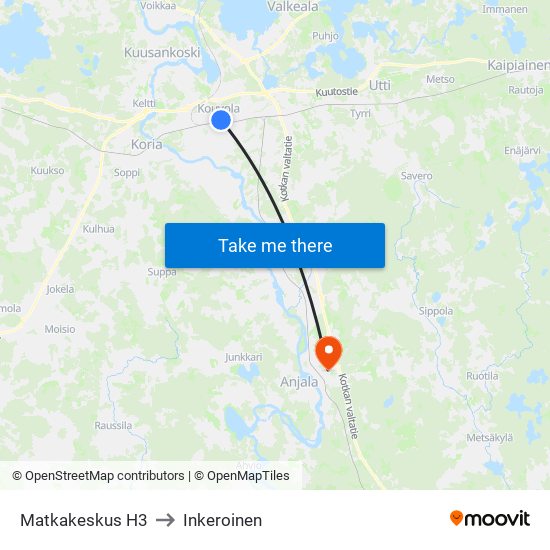 Matkakeskus H3 to Inkeroinen map