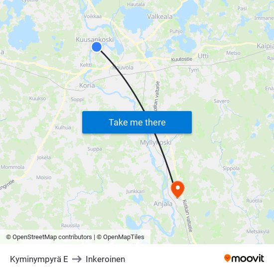 Kyminympyrä E to Inkeroinen map