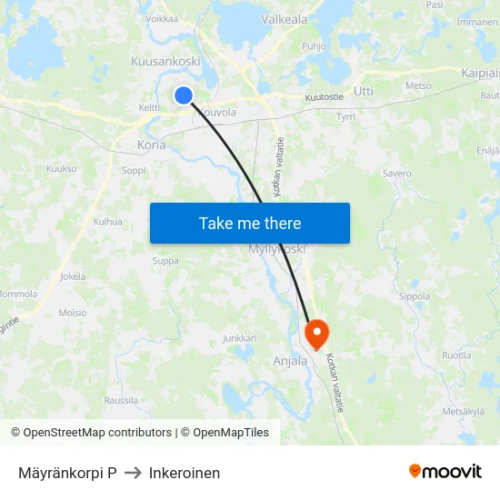 Mäyränkorpi P to Inkeroinen map