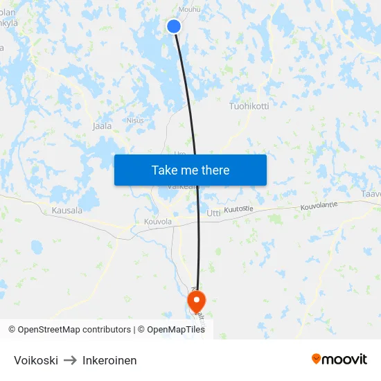 Voikoski to Inkeroinen map