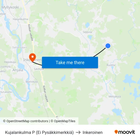 Kujalankulma P (Ei Pysäkkimerkkiä) to Inkeroinen map