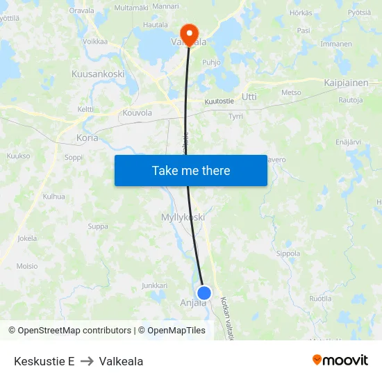 Keskustie E to Valkeala map