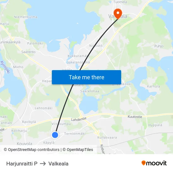Harjunraitti P to Valkeala map