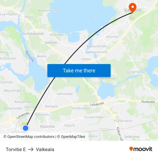 Torvitie E to Valkeala map