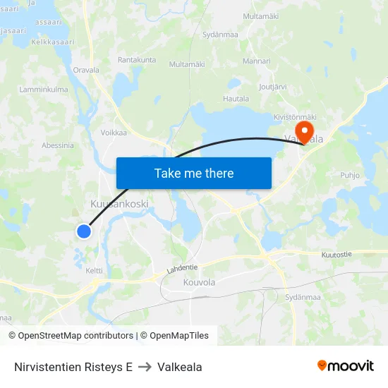 Nirvistentien Risteys E to Valkeala map