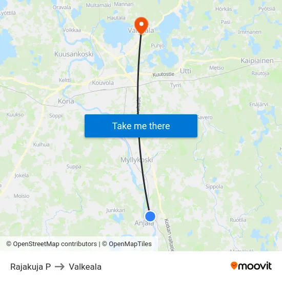 Rajakuja P to Valkeala map