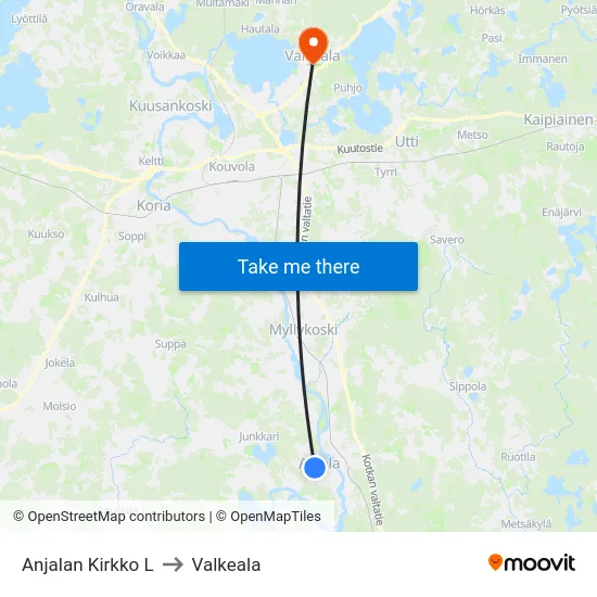 Anjalan Kirkko L to Valkeala map