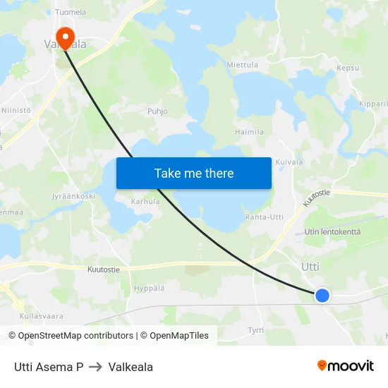 Utti Asema P to Valkeala map