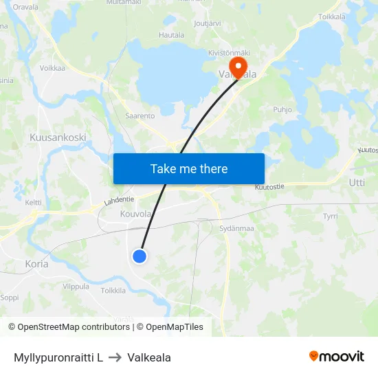 Myllypuronraitti L to Valkeala map