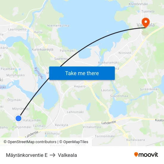 Mäyränkorventie E to Valkeala map