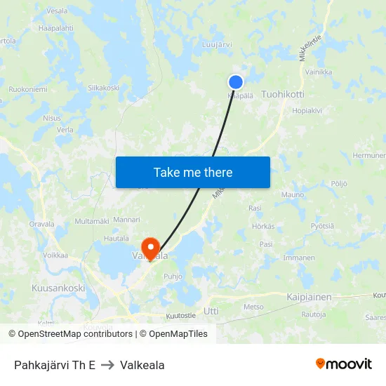 Pahkajärvi Th E to Valkeala map