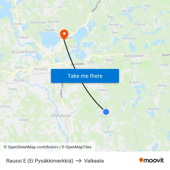 Raussi E (Ei Pysäkkimerkkiä) to Valkeala map