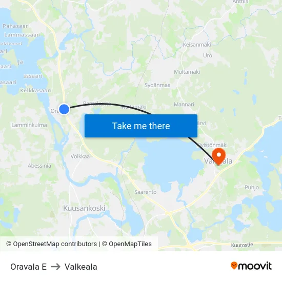 Oravala E to Valkeala map