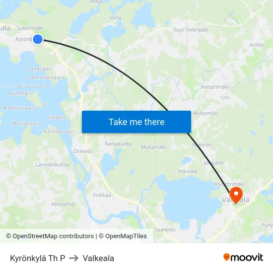 Kyrönkylä Th P to Valkeala map