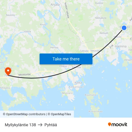 Myllykyläntie 138 to Pyhtää map