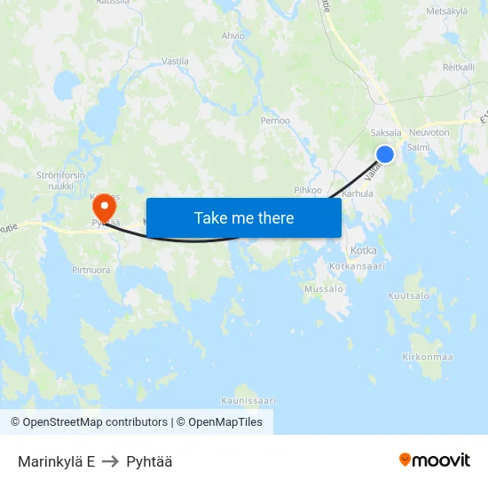 Marinkylä E to Pyhtää map