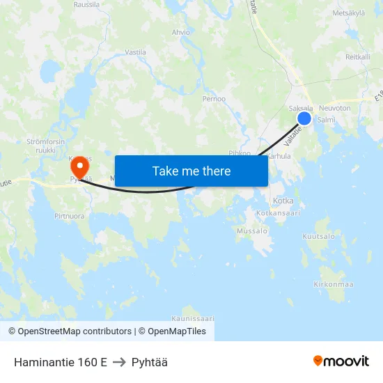 Haminantie 160 E to Pyhtää map