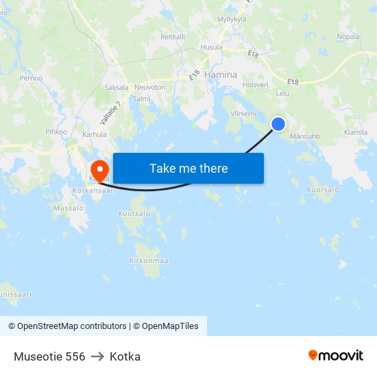 Museotie 556 to Kotka map