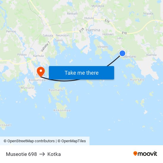 Museotie 698 to Kotka map