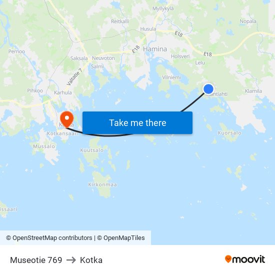 Museotie 769 to Kotka map