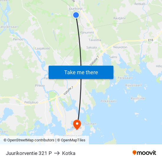 Juurikorventie 321 P to Kotka map