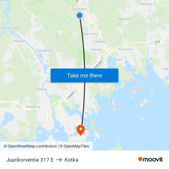 Juurikorventie 317 E to Kotka map