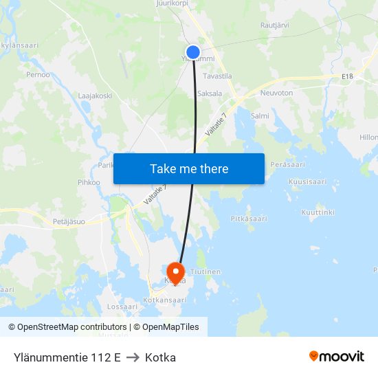 Ylänummentie 112 E to Kotka map