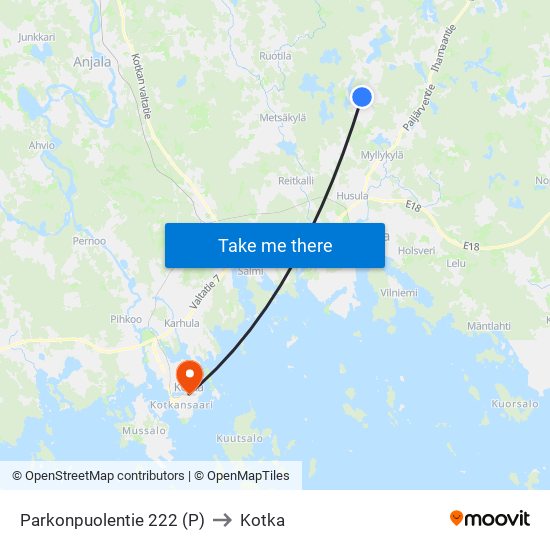 Parkonpuolentie 222 (P) to Kotka map