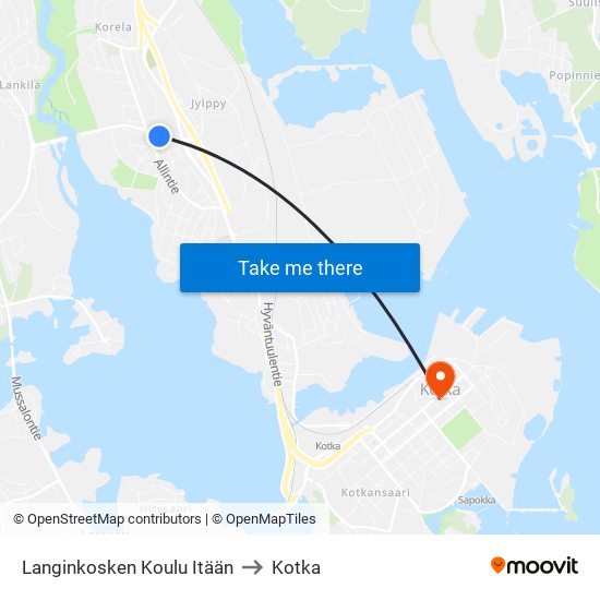 Langinkosken Koulu Itään to Kotka map