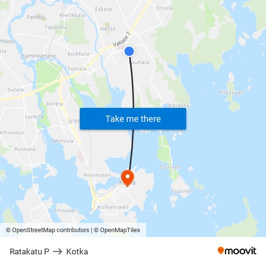Ratakatu P to Kotka map