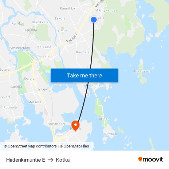 Hiidenkirnuntie E to Kotka map