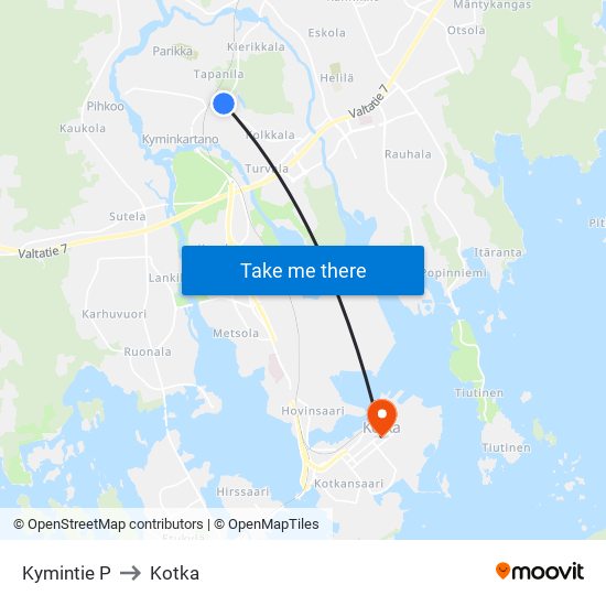 Kymintie P to Kotka map