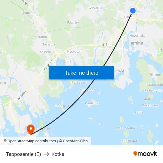 Tepposentie (E) to Kotka map