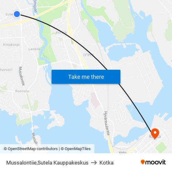 Mussalontiie,Sutela Kauppakeskus to Kotka map